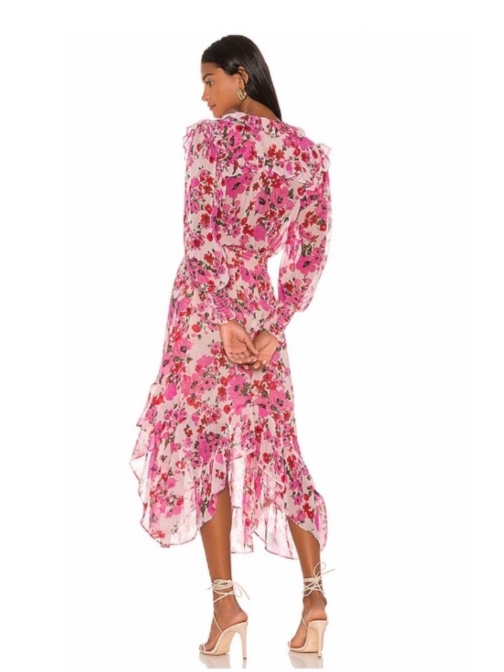 MISA Samantha Dress Flowy Floral Midi Ruffle Long Sleeve V Neck US L - Picture 14 of 15